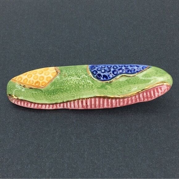 Handmade Statement Glazed Pottery Abstract Gold Oval Brooch Pin Artsy - Picture 2 of 9
